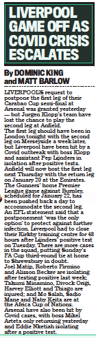 How many Liverpool Covid cases in squad before Arsenal postponement? 3 Daily Mail, Thursday 6 January 2022