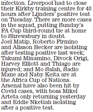How many Liverpool Covid cases in squad before Arsenal postponement? 4 Daily Mail, Thursday 6 January 2022