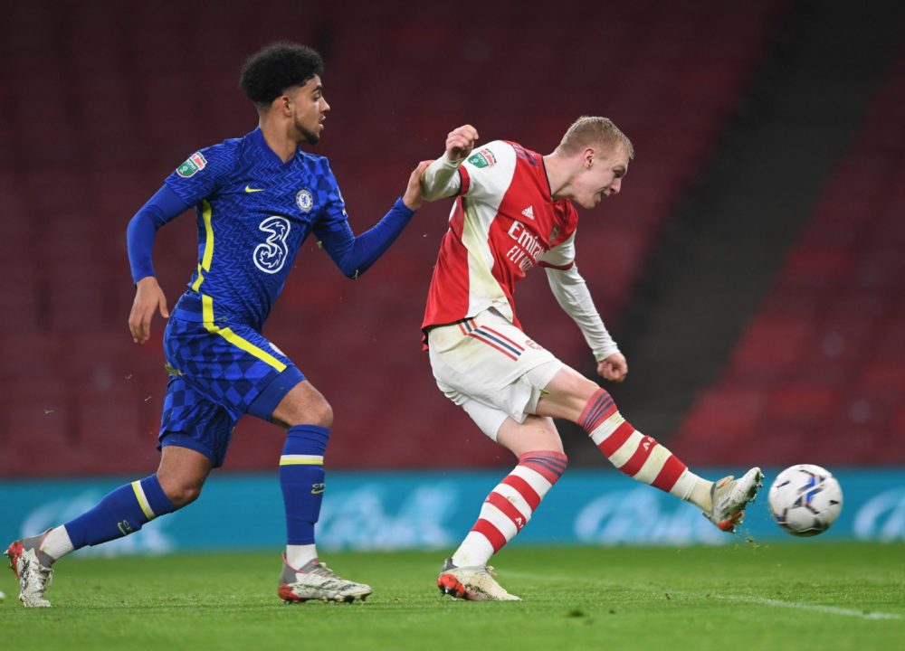 Mika Biereth scores against the Chelsea u21s (Photo via Arsenal Academy on Twitter)