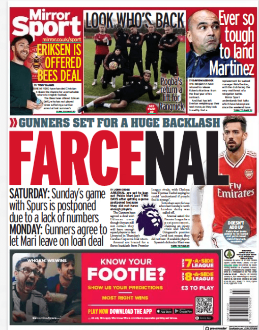 Arteta and Arsenal compared to Boris Johnson and Tory parties 4 Mirror back page, 18/1/21
