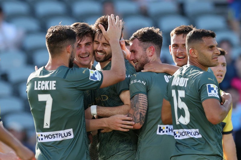GOSFORD, AUSTRALIA - JANUARY 23: Carl Jenkinson of Melbourne City celebrates his goal wirth team mates during the round 11 A-League match between C...