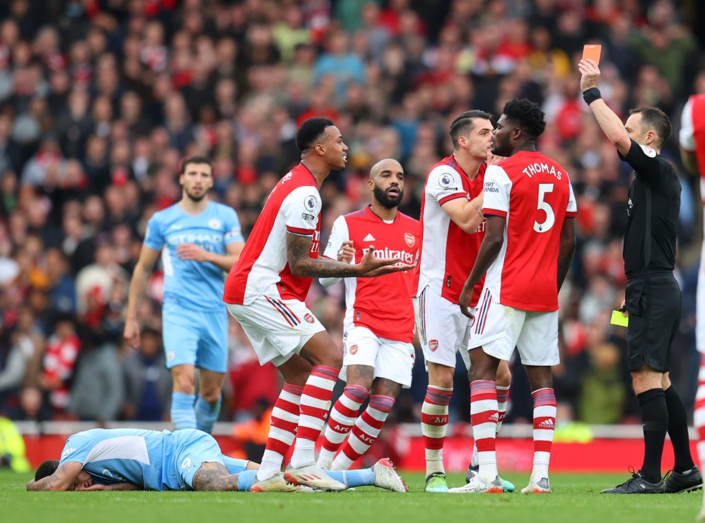 Controversial referee in charge of Arsenal Manchester City Community Shield clash 4 LONDON, ENGLAND - JANUARY 01: Gabriel Magalhaes of Arsenal is shown a second yellow card leading to a red card by Referee, Stuart Attwell for a foul on Gabriel Jesus of Manchester City during the Premier League match between Arsenal and Manchester City at Emirates Stadium on January 01, 2022 in London, England. (Photo by Catherine Ivill/Getty Images)