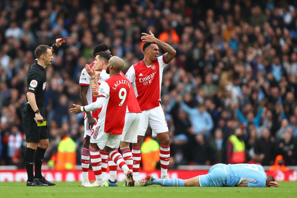 Referee and VAR frustrate Arsenal again 5 LONDON, ENGLAND: Gabriel Magalhaes of Arsenal is shown a second yellow card leading to a red card by Referee, Stuart Attwell for a foul on Gabriel Jesus of Manchester City during the Premier League match between Arsenal and Manchester City at Emirates Stadium on January 01, 2022. (Photo by Julian Finney / Getty Images)