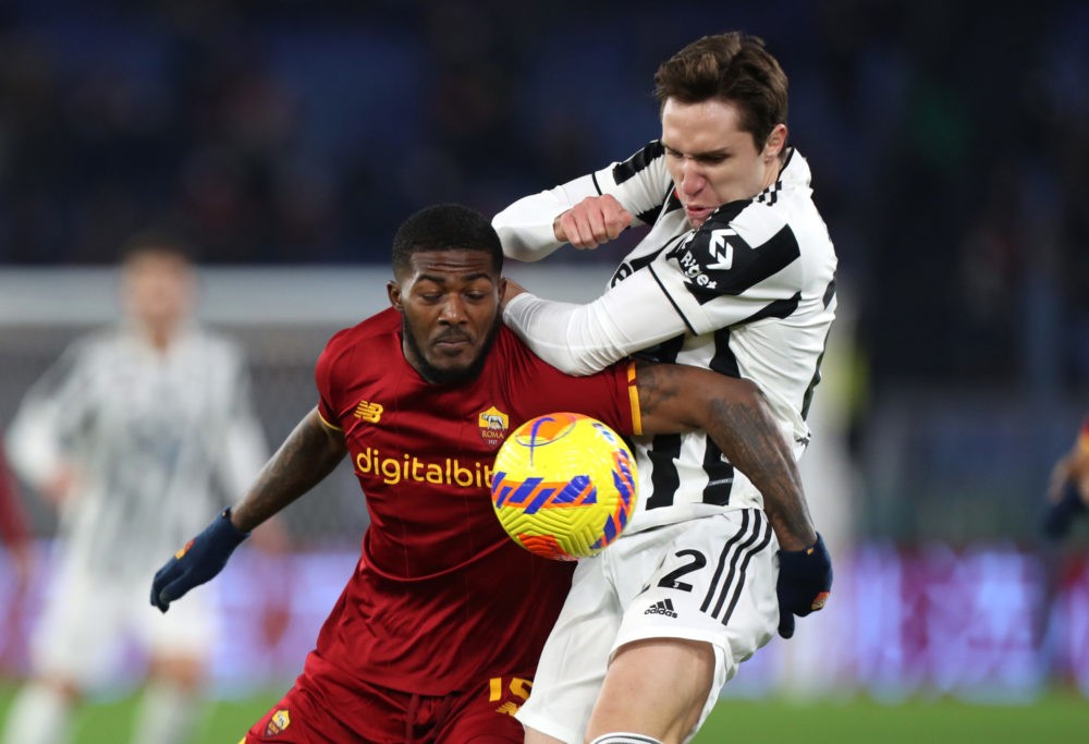 ROME, ITALY: Ainsley Maitland-Niles of AS Roma battles for possession with Federico Chiesa of Juventus during the Serie A match between AS Roma v J...