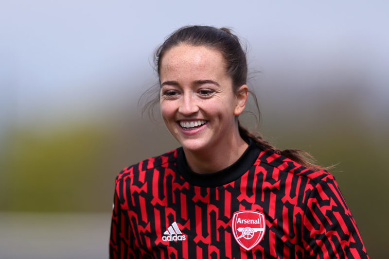 LIVERPOOL, ENGLAND - MAY 02: Anna Patten of Arsenal reacts as she warms up prior to the Barclays FA Women's Super League match between Everton Wome...
