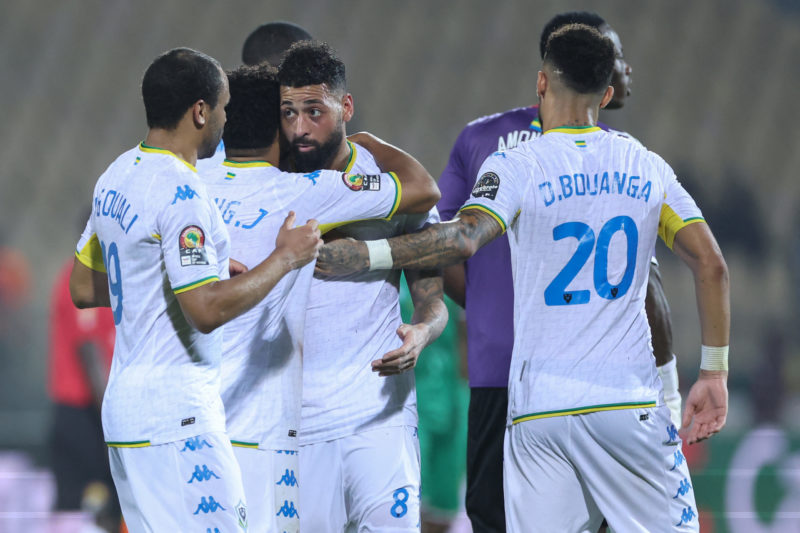 Gabon players celebrate after winning the Group C Africa Cup of Nations (CAN) 2021 football match between Comoros and Gabon at Stade Ahmadou Ahidjo in Yaounde on January 10, 2022. (Photo by Kenzo Tribouillard / AFP) (Photo by KENZO TRIBOUILLARD/AFP via Getty Images)