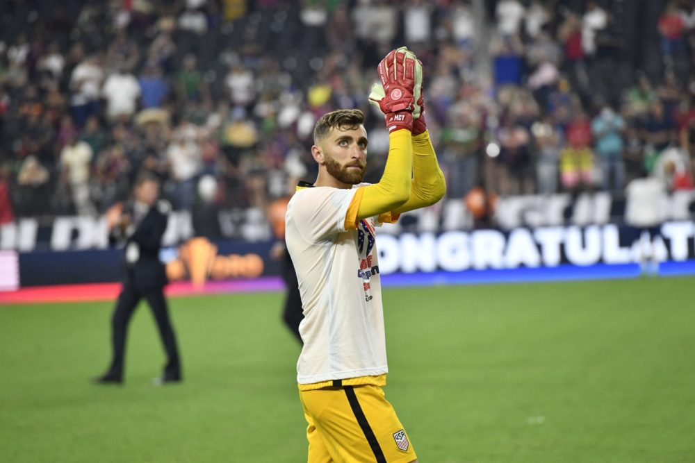 USA's goalkeeper Matt Turner applauds after USA's victory at the Concacaf Gold Cup football match final between Mexico and USA at the Allegiant sta...