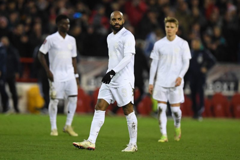Arsenal lineup against Liverpool likely to be similar as against Forest 2 Arsenal's English midfielder Bukayo Saka (L), Arsenal's French striker Alexandre Lacazette (C) and Arsenal's Norwegian midfielder Martin Odegaard (R) react to their defeat on the pitch on the final whistle in the English FA Cup third round football match between Nottingham Forest and Arsenal at The City Ground in Nottingham, central England, on January 9, 2022. - Forest won the game 1-0. (Photo by DANIEL LEAL/AFP via Getty Images)
