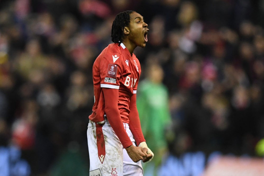 Exciting Arsenal 21yo right-back target available for bargain fee 2 Nottingham Forest's English defender Djed Spence celebrates on the pitch after the English FA Cup third round football match between Nottingham Forest and Arsenal at The City Ground in Nottingham, central England, on January 9, 2022. (Photo by DANIEL LEAL/AFP via Getty Images)