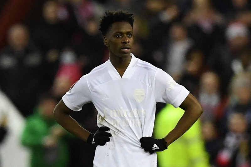 Arsenal's Belgian midfielder Albert Sambi Lokonga reacts to conceding the first goal during the English FA Cup third round football match between N...