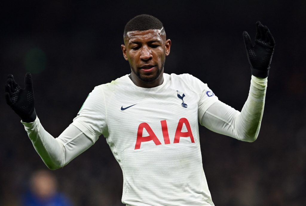 Tottenham Hotspur's Brazilian defender Emerson Royal reacts after failing to score during the second leg of the English League Cup semi final football match between Tottenham Hotspur and Chelsea at the Tottenham Hotspur Stadium, in London on January 12, 2022. (Photo by BEN STANSALL / AFP via Getty Images)