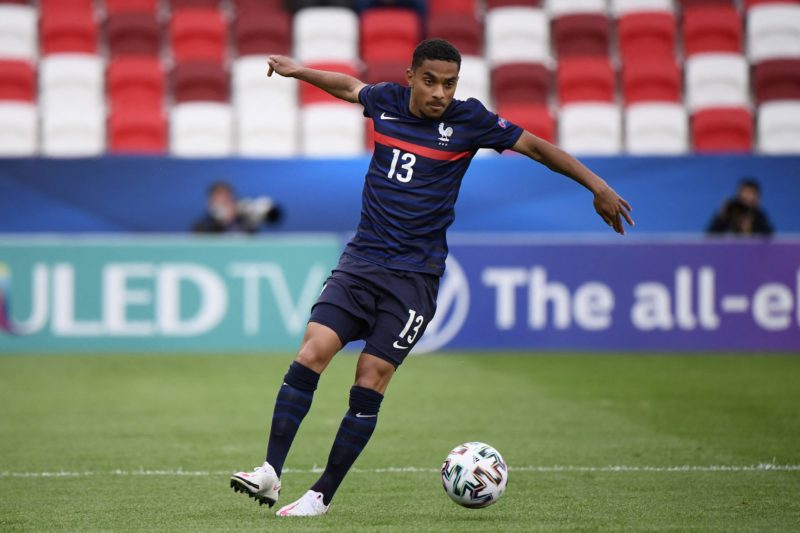 France's defender Colin Dagba plays the ball during the UEFA Under21 Championship quarter-final football match Netherlands v France in Budapest, on May 31, 2021. (Photo by Attila KISBENEDEK / AFP) (Photo by ATTILA KISBENEDEK/AFP via Getty Images)