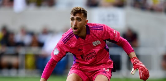 COLUMBUS, OHIO - JULY 03: Matt Turner #30 of New England Revolution in goal during their game against the Columbus Crew at Lower.com Field on July 03, 2021 in Columbus, Ohio. (Photo by Emilee Chinn/Getty Images)