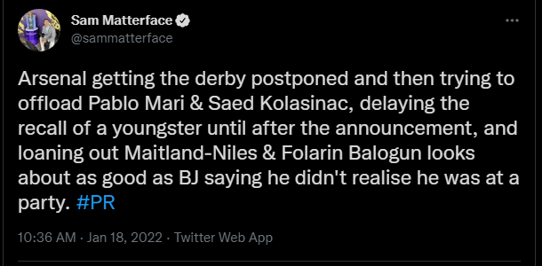 Arteta and Arsenal compared to Boris Johnson and Tory parties 2 Sam Matterface via Twitter