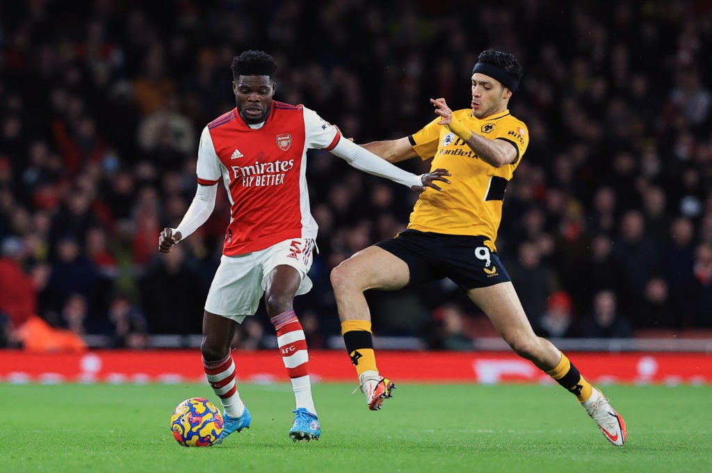 How Arsenal could line up vs Leicester City 5 LONDON, ENGLAND: Thomas Partey of Arsenal is tackled by Raul Jimenez of Wolverhampton Wanderers during the Premier League match between Arsenal and Wolverhampton Wanderers at Emirates Stadium on February 24, 2022. (Photo by David Rogers/Getty Images)