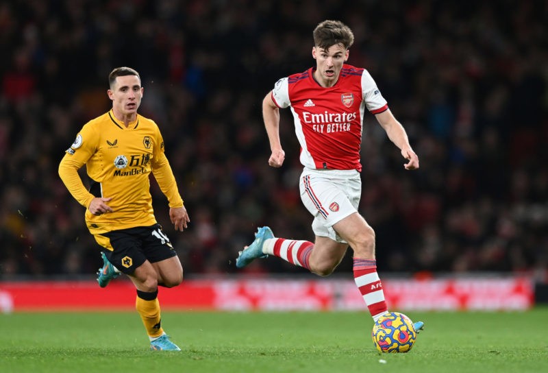 LONDON, ENGLAND - FEBRUARY 24: Kieran Tierney of Arsenal breaks away from Daniel Podence of Woverhampton Wanderers during the Premier League match ...