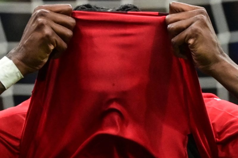 AC Milan's Portuguese forward Rafael Leao reacts after missing a goal opportunity during the Italian Cup (Coppa Italia) semifinal, second leg footb...