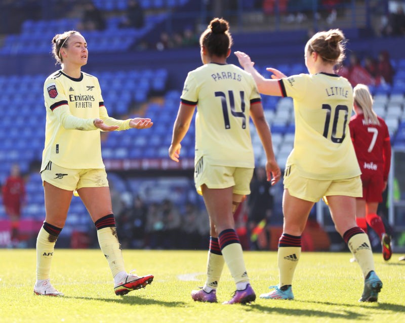 BIRKENHEAD, ENGLAND - FEBRUARY 27: Kim Little of Arsenal celebrates with Caitlin Foord after scoring their side's fourth goal during the Vitality W...