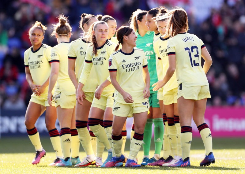 Arsenal beat Liverpool to make FA Cup quarter-finals 2 BIRKENHEAD, ENGLAND - FEBRUARY 27: Mana Iwabuchi of Arsenal smiles with team mates prior to the Vitality Women's FA Cup Fifth Round match between Liverpool Women and Arsenal Women at Prenton Park on February 27, 2022 in Birkenhead, England. (Photo by Lewis Storey/Getty Images)