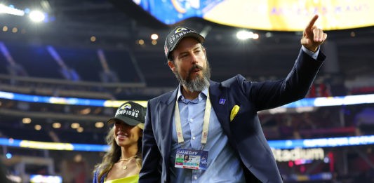 INGLEWOOD, CALIFORNIA - FEBRUARY 13: Los Angeles Rams owner Josh Kroenke celebrates after Super Bowl LVI at SoFi Stadium on February 13, 2022 in Inglewood, California. The Los Angeles Rams defeated the Cincinnati Bengals 23-20. (Photo by Kevin C. Cox/Getty Images)