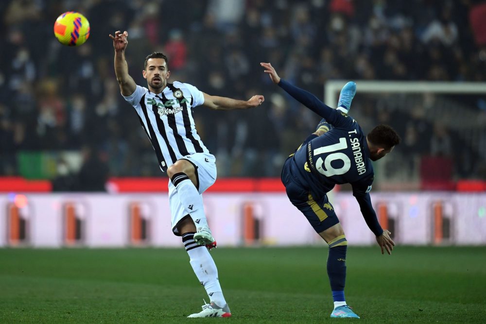 UDINE, ITALY: Pablo Mari of Udinese Calcio competes for the ball with Antonio Sanabria of Torino FC during the Serie A match between Udinese Calcio...