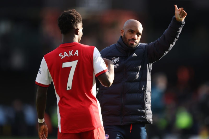 WATFORD, ENGLAND: Alexandre Lacazette of Arsenal reacts following their side's victory after the Premier League match between Watford and Arsenal a...