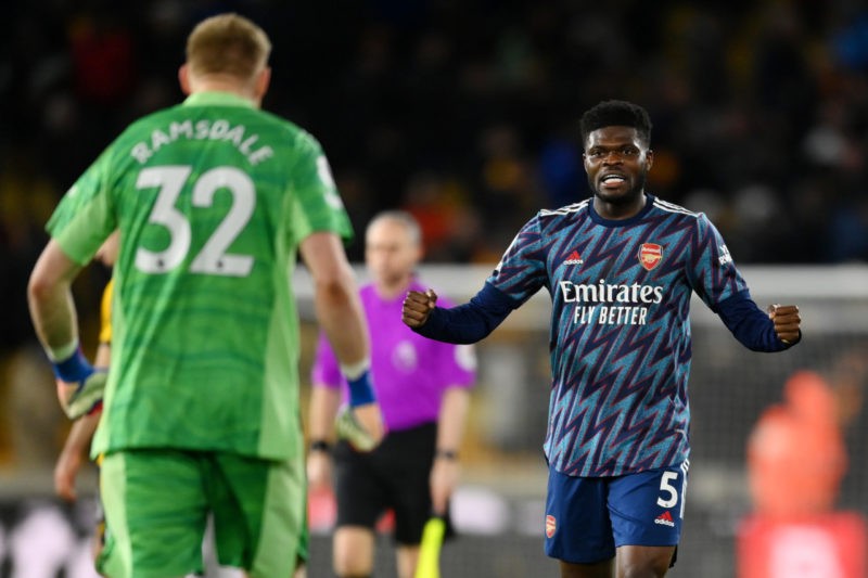 Tactics: How Arsenal withstood Wolves 2 WOLVERHAMPTON, ENGLAND - FEBRUARY 10: Thomas Partey of Arsenal celebrates following their side's victory in the Premier League match between Wolverhampton Wanderers and Arsenal at Molineux on February 10, 2022 in Wolverhampton, England. (Photo by Clive Mason/Getty Images)