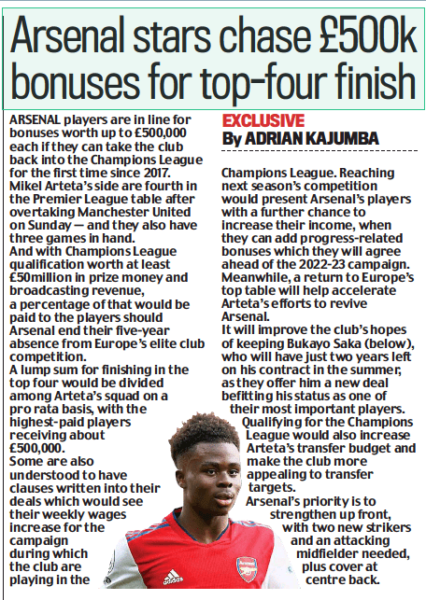 Arsenal players set for big bonus if they finish in top 4 3 Arsenal bonuses via Daily Mail