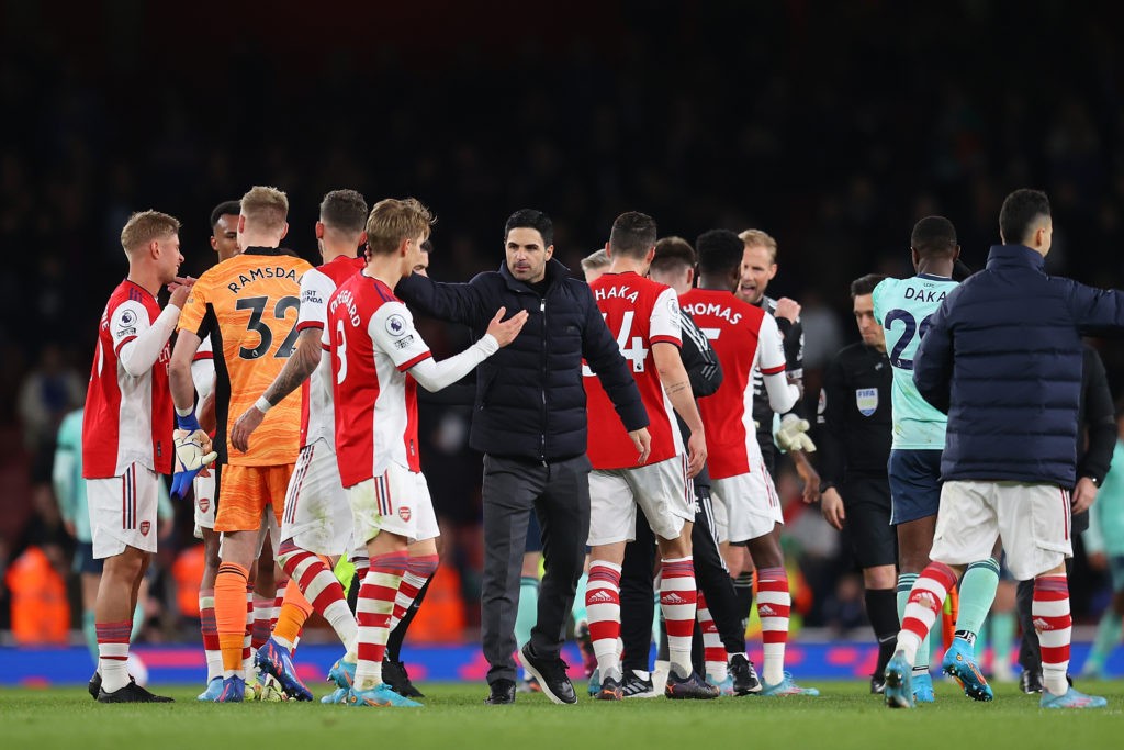 How Arsenal could line up vs Crystal Palace 2 LONDON, ENGLAND - MARCH 13: Mikel Arteta, Manager of Arsenal embraces Martin Odegaard of Arsenal following victory in the Premier League match between Arsenal and Leicester City at Emirates Stadium on March 13, 2022 in London, England. (Photo by Catherine Ivill/Getty Images)
