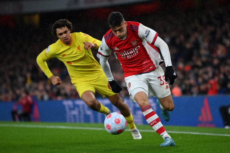 LONDON, ENGLAND - MARCH 16: Gabriel Martinelli of Arsenal takes on Trent Alexander-Arnold of Liverpool during the Premier League match between Arse...