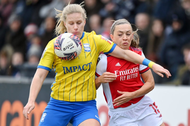 BOREHAMWOOD, ENGLAND - MARCH 06: Gemma Lawley of Birmingham City Women battles for possession with Katie McCabe of Arsenal Women during the Barclays FA Women's Super League match between Arsenal Women and Birmingham City Women at Meadow Park on March 06, 2022 in Borehamwood, England. (Photo by Justin Setterfield/Getty Images)
