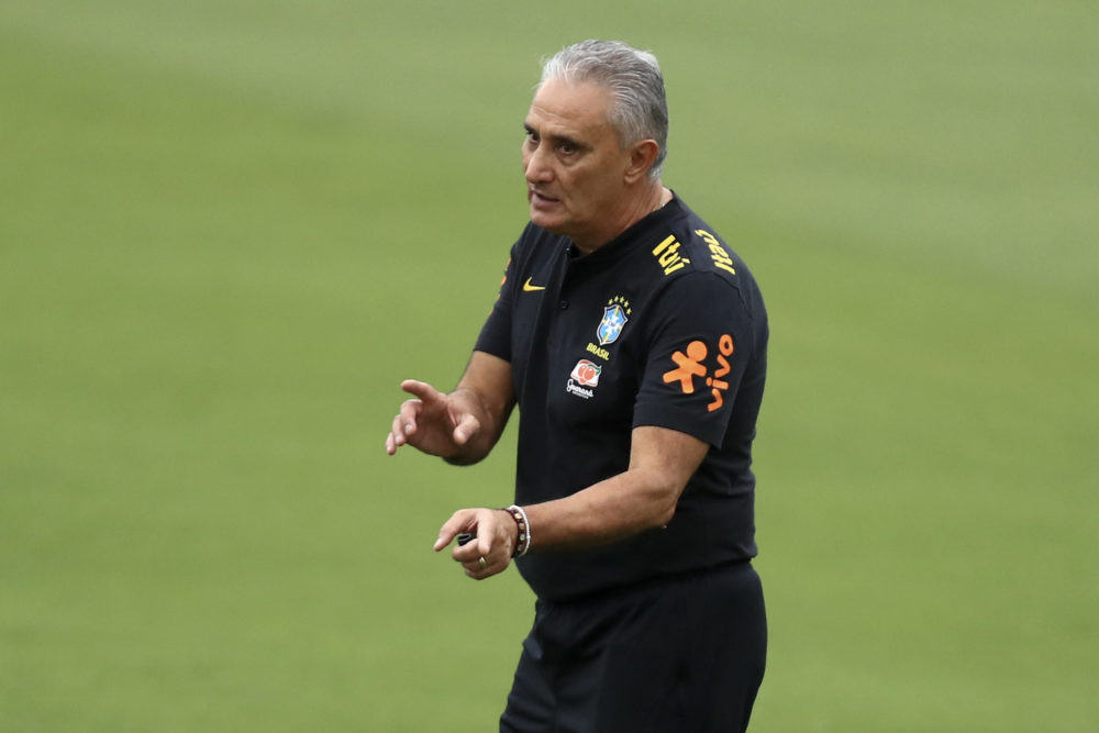 TERESOPOLIS, BRAZIL: Head coach Tite gestures during a training session of the Brazilian national football team at the squad's Granja Comary traini...