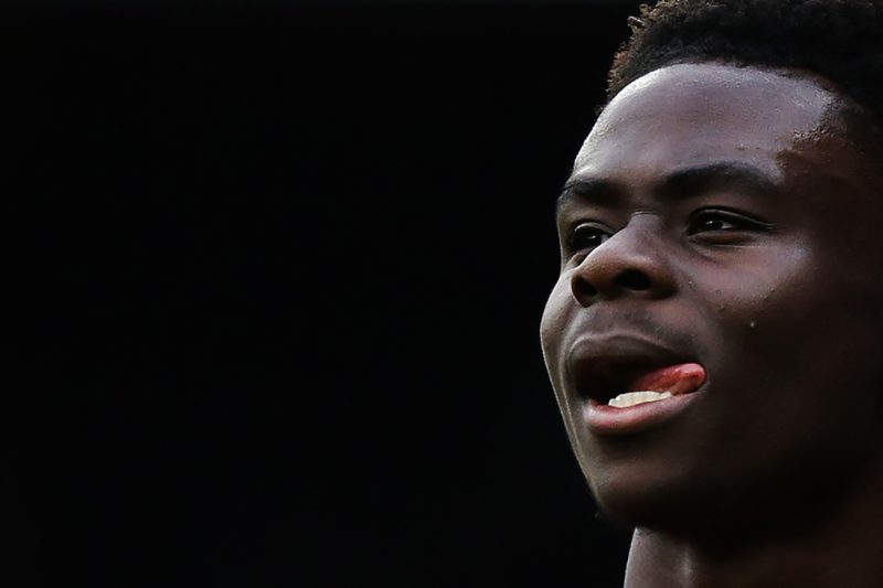 Arsenal's English midfielder Bukayo Saka reacts during the English Premier League football match between Watford and Arsenal at Vicarage Road Stadi...