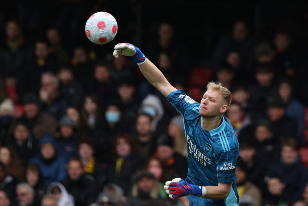Arsenal receive 4 call-ups for England senior internationals 3 Arsenal's English goalkeeper Aaron Ramsdale throws the ball during the English Premier League football match between Watford and Arsenal at Vicarage Road Stadium in Watford, north-west of London on March 6, 2022. (Photo by ADRIAN DENNIS/AFP via Getty Images)