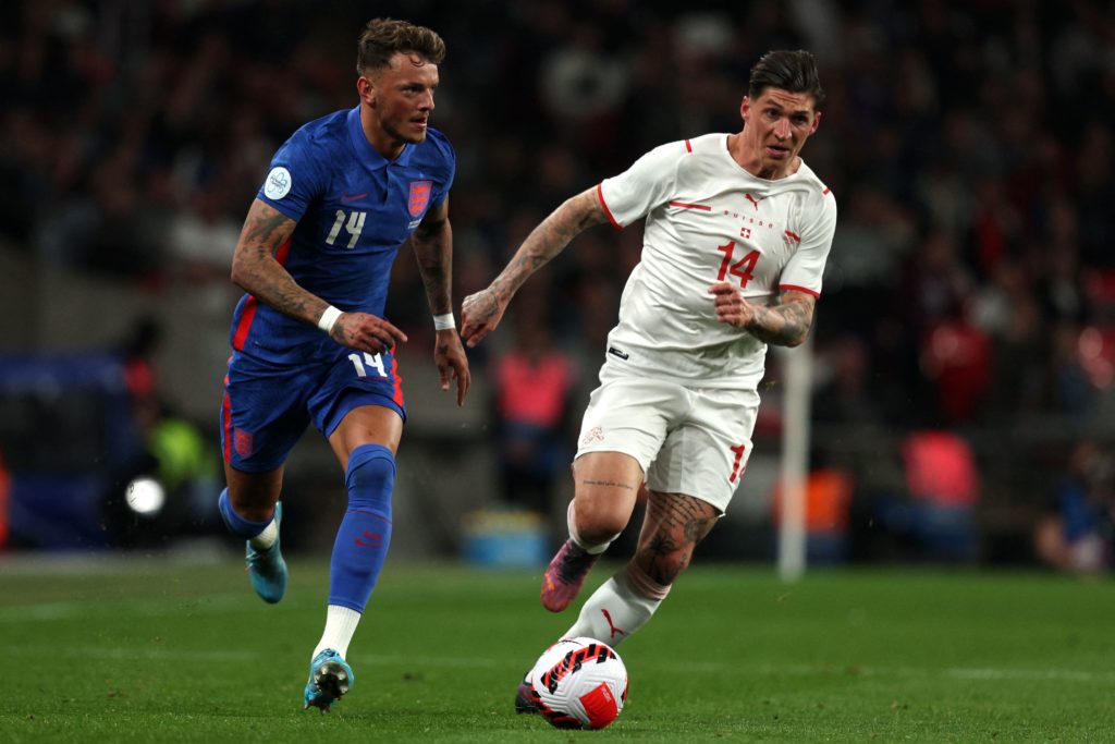 England's defender Ben White (L) vies with Switzerland's midfielder Steven Zuber (R) during the international friendly football match between England and Switzerland at Wembley stadium in north London on March 26, 2022. (Photo by ADRIAN DENNIS/AFP via Getty Images)