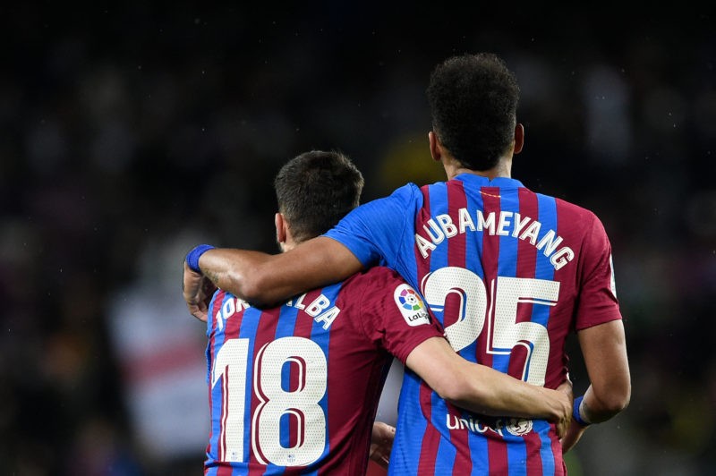 Barcelona's Gabonese midfielder Pierre-Emerick Aubameyang (R) and Barcelona's Spanish defender Jordi Alba celebrate after scoring a goal during the...