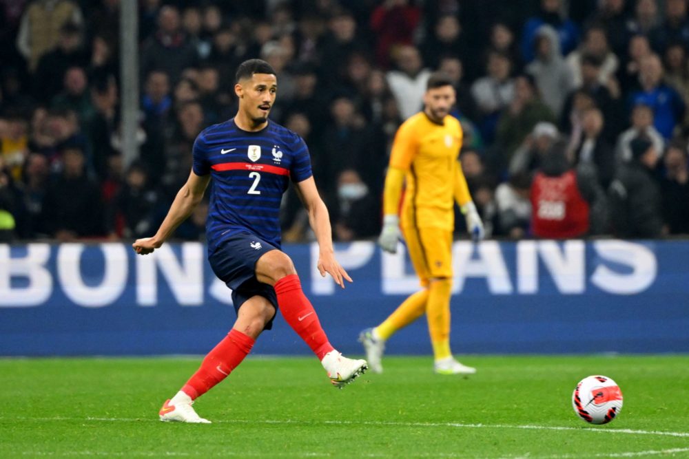 France's defender William Saliba passes the ball during the friendly football match between France and Ivory Coast at the velodrome stadium in Mars...