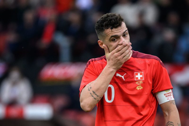 Switzerland's midfielder Granit Xhaka reacts during a friendly football match between Switzerland and Kosovo at Stadion Letzigrund stadium in Zuric...