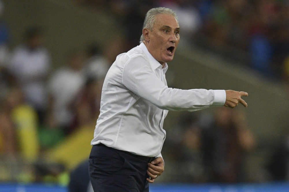 Brazil's coach Tite gestures during the South American qualification football match for the FIFA World Cup Qatar 2022 between Brazil and Chile at M...