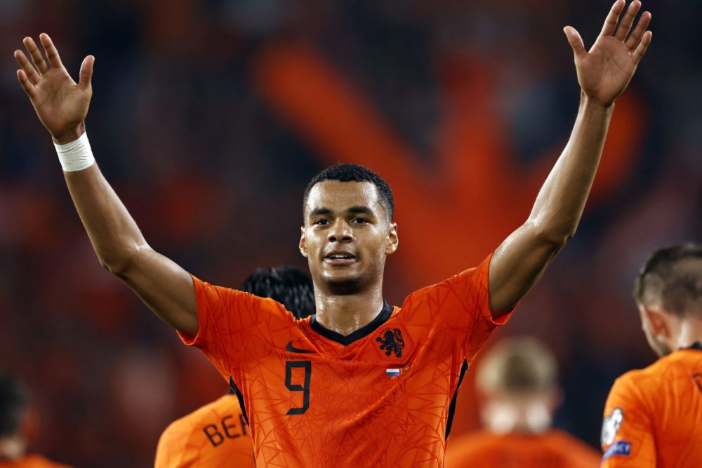 Cody Gakpo celebrates the fourth goal during the World Cup qualifier football match between the Netherlands and Montenegro on September 4, 2021, in...