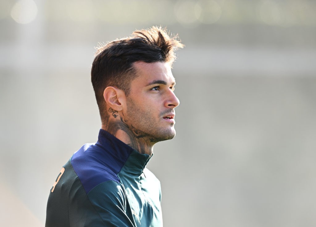 FLORENCE, ITALY - MARCH 21: Gianluca Scamacca of Italy in action during a Italy training session at Centro Tecnico Federale di Coverciano on March 21, 2022 in Florence, Italy. (Photo by Claudio Villa/Getty Images)