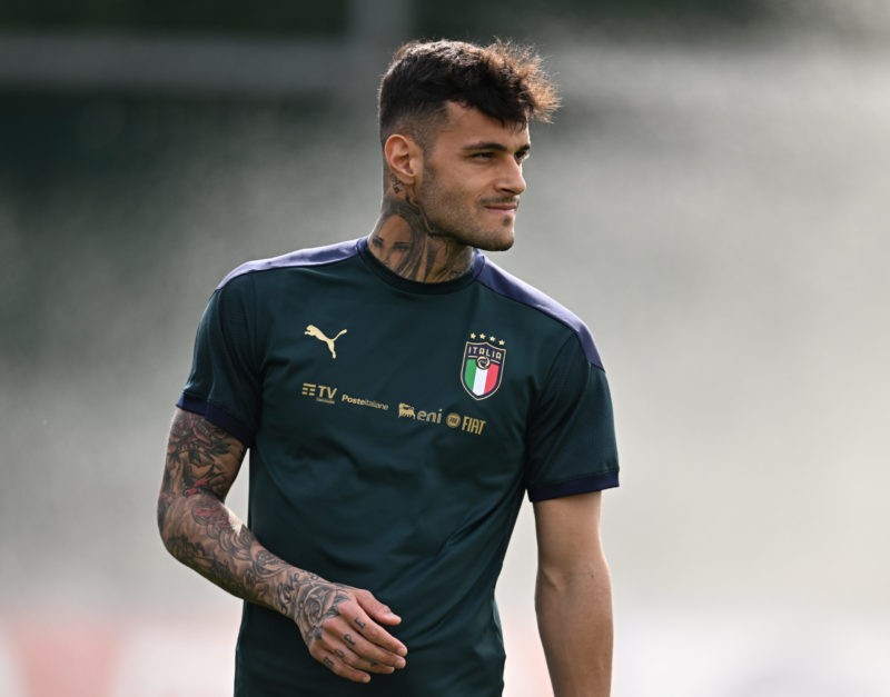 FLORENCE, ITALY - MARCH 27: Gianluca Scamacca of Italy in action during a Italy training session at Centro Tecnico Federale di Coverciano on March ...