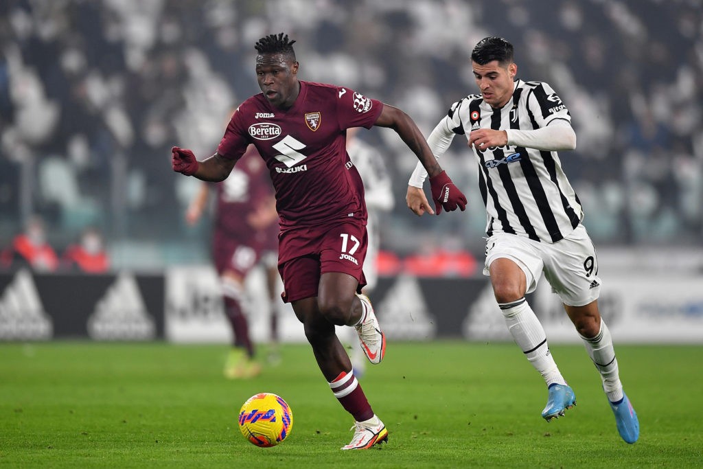 Arsenal and Spurs scout Wilfried Singo 2 TURIN, ITALY: Wilfried Singo of Torino FC in action against Alvaro Morata of Juventus during the Serie A match between Juventus and Torino FC at Allianz Stadium on February 18, 2022. (Photo by Valerio Pennicino/Getty Images)
