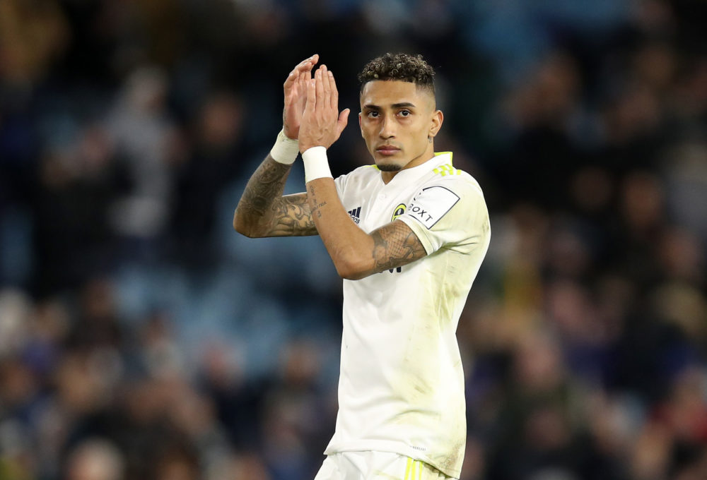LEEDS, ENGLAND: Raphinha of Leeds United applauds fans after their side's defeat during the Premier League match between Leeds United and Newcastle...