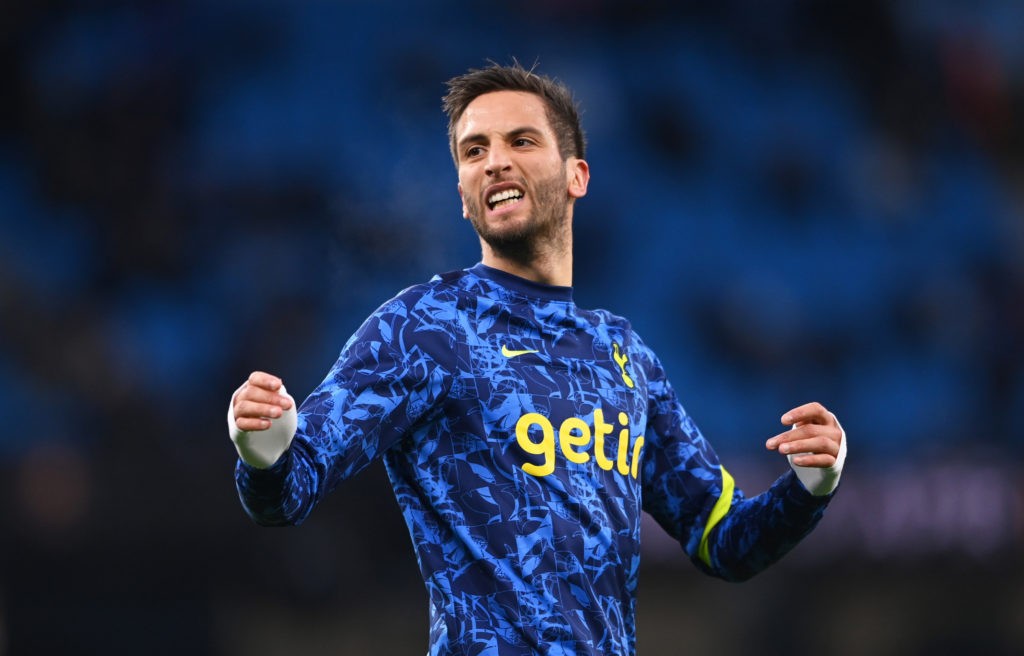 MANCHESTER, ENGLAND - FEBRUARY 19: Rodrigo Bentancur of Tottenham Hotspur warms up prior to the Premier League match between Manchester City and Tottenham Hotspur at Etihad Stadium on February 19, 2022 in Manchester, England. (Photo by Stu Forster/Getty Images)