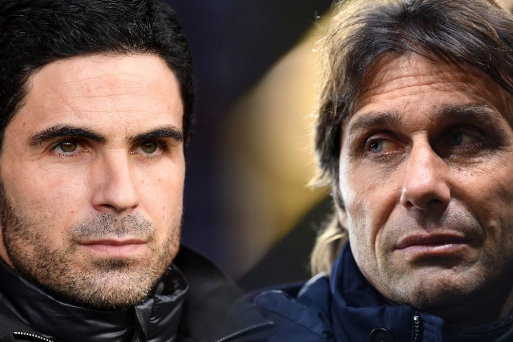 In this composite image a comparison has been made between Mikel Arteta, Manager of Arsenal (L) and Antonio Conte, Manager of Tottenham Hotspur. To...