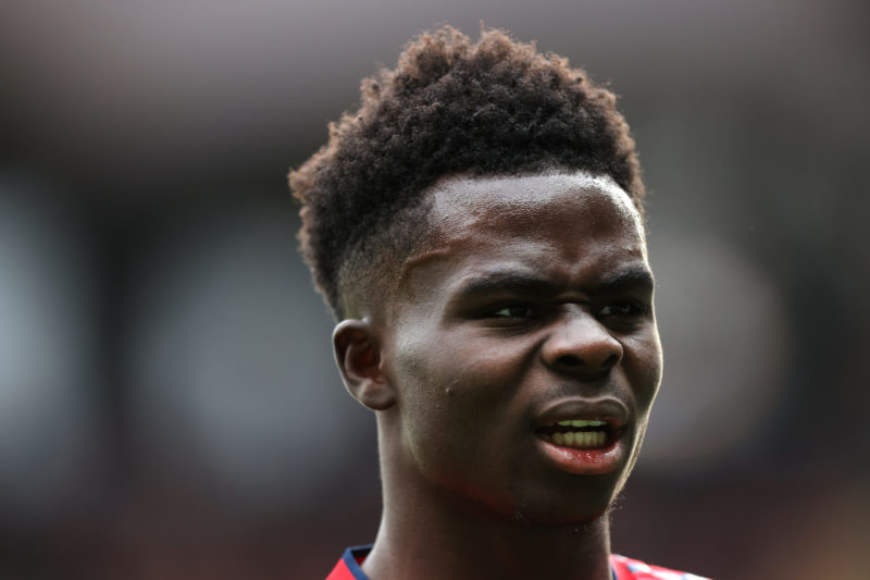 WATFORD, ENGLAND - MARCH 06: Bukayo Saka of Arsenal reacts during the Premier League match between Watford and Arsenal at Vicarage Road on March 06...