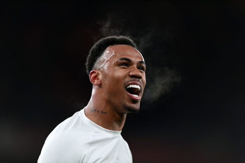 Gabriel Magalhaes of Arsenal reacts following the Premier League match between Arsenal and Wolverhampton Wanderers at Emirates Stadium on February ...