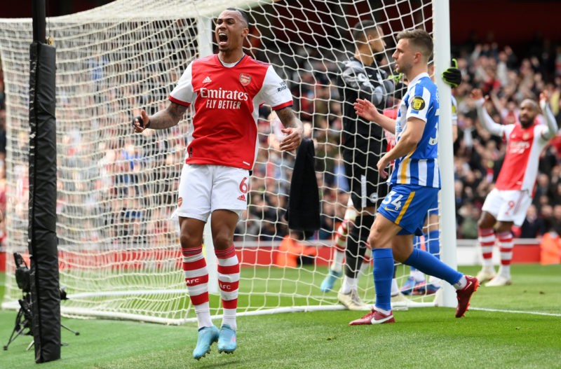LONDON, ENGLAND - APRIL 09: Gabriel Magalhaes of Arsenal reacts after a missed chance during the Premier League match between Arsenal and Brighton & Hove Albion at Emirates Stadium on April 09, 2022 in London, England. (Photo by Mike Hewitt/Getty Images)