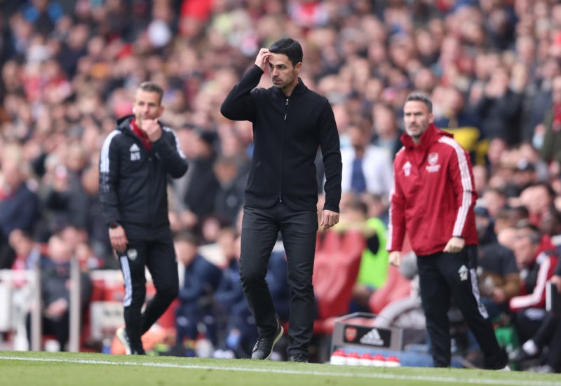 Why it's time for Arsenal to ditch Lacazette for Nketiah 2 LONDON, ENGLAND - APRIL 09: Mikel Arteta, Manager of Arsenal looks on during the Premier League match between Arsenal and Brighton & Hove Albion at Emirates Stadium on April 09, 2022 in London, England. (Photo by Warren Little/Getty Images)